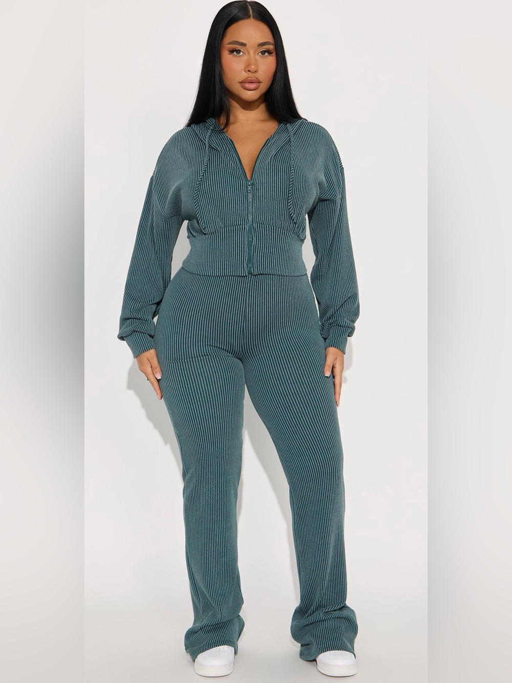 Fashion Nova Ribbed Zip Hoodie & Wide-Leg Joggers Set - Teal Green
